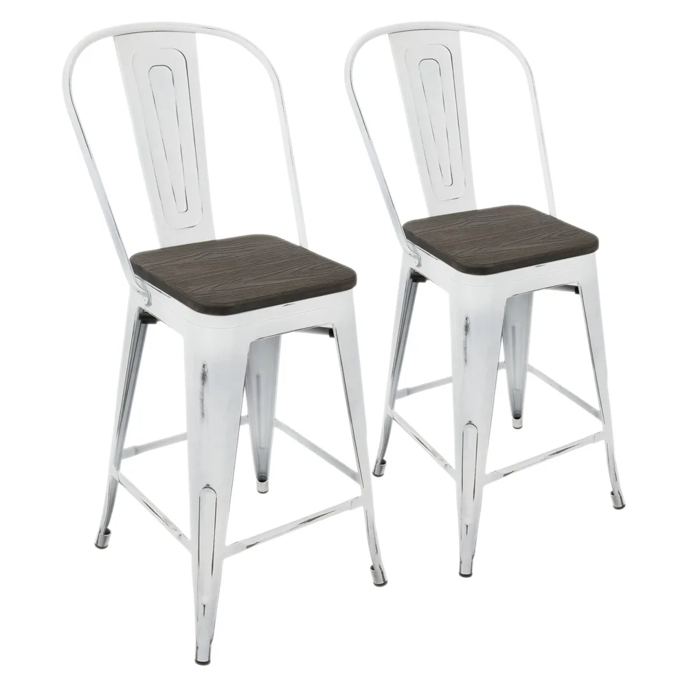 Industrial High Back Counter Stool in Vintage White and Espresso - Set of 2 Sturdy Metal Frame Conference Restaurant Chair