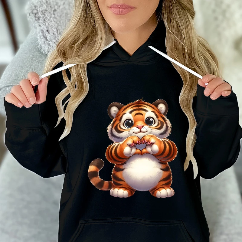 

Tiger Heart Print Graphics Hoodie Women Spring Long Sleeve Pullover Cartoon Fashion Trend Hoody Kawaii Animal Tiger Sweatshirt