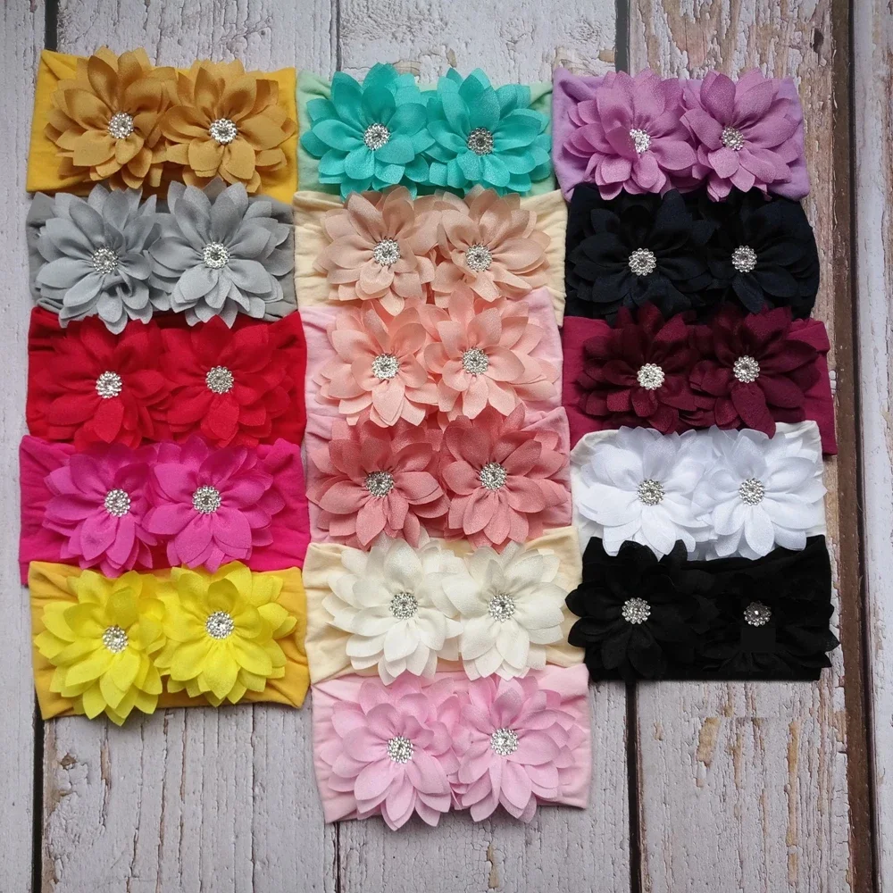 New Stretch Double Chiffon Flower Baby Headband Newborn Knot Wide Nylon Headwraps Girls Headwear Kids Photo Props Gifts