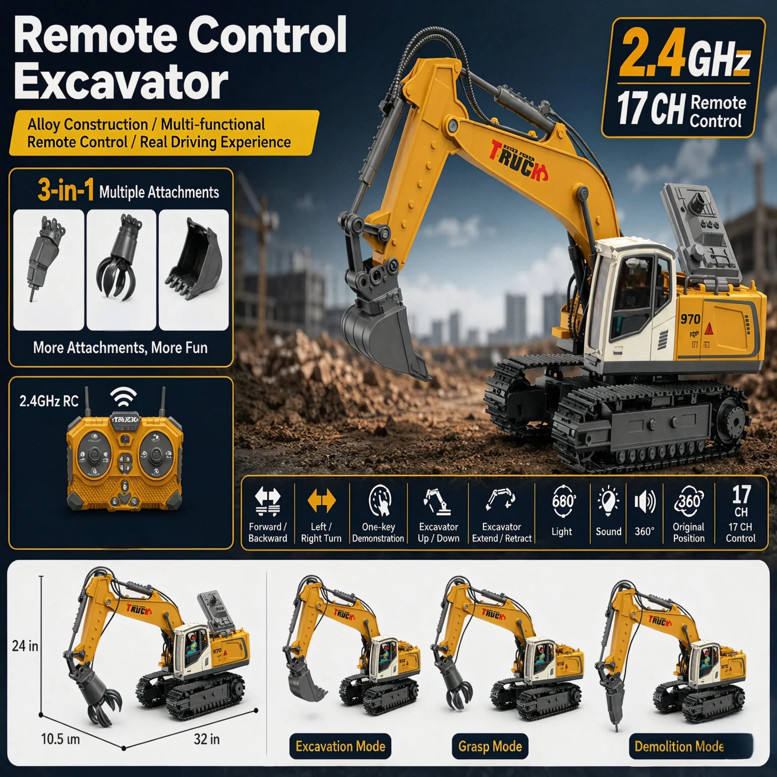2.4G RC Excavator 3-in-1 Alloy Construction Digger with Interchangeable Breaker Drill Claw Bucket 680 Rotate LED Light for Boys