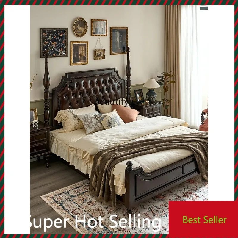 

QQ132 American Light Luxury Full Solid Wood Bed Master Bedroom Elegant European Retro Soft Cushion Storage Marriage Bed Double B