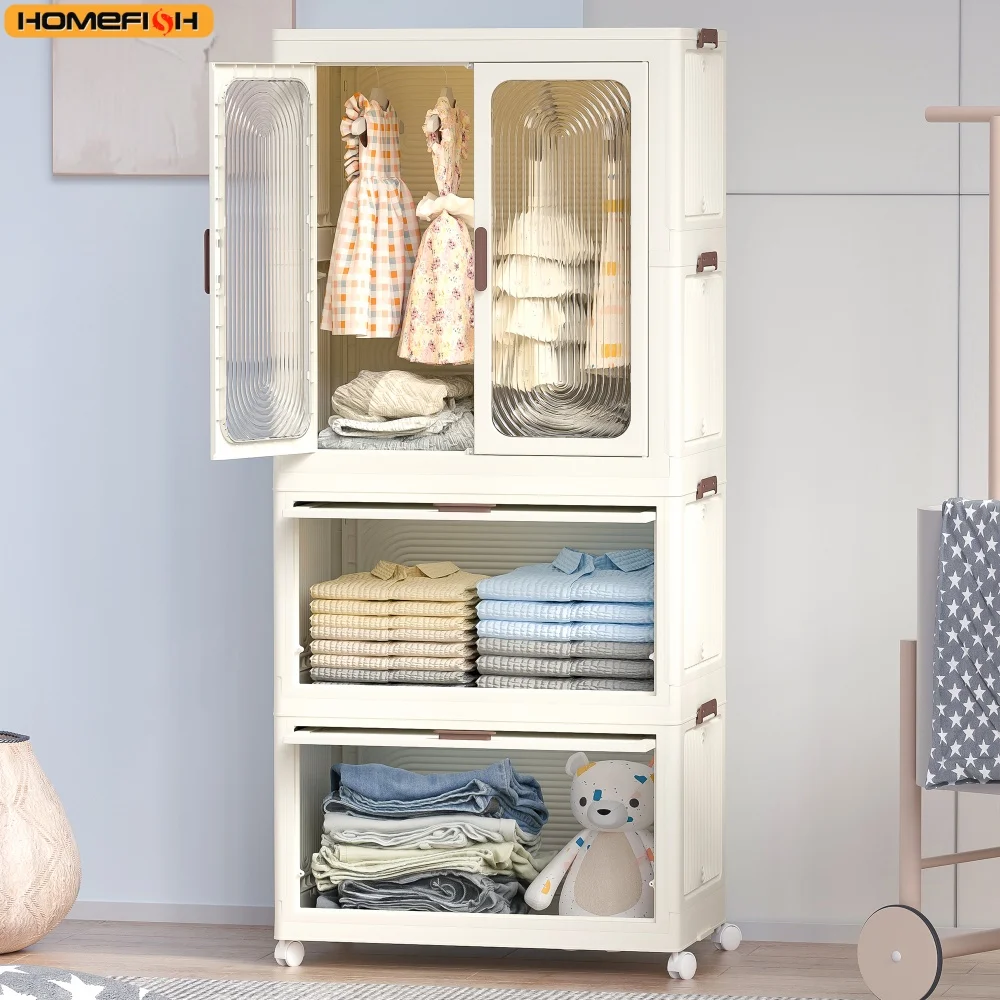 Organizzatore portatile per armadio guardaroba per vestiti, cassettiera, porte magnetiche con 4 cubi e asta per appendere, 10 grucce