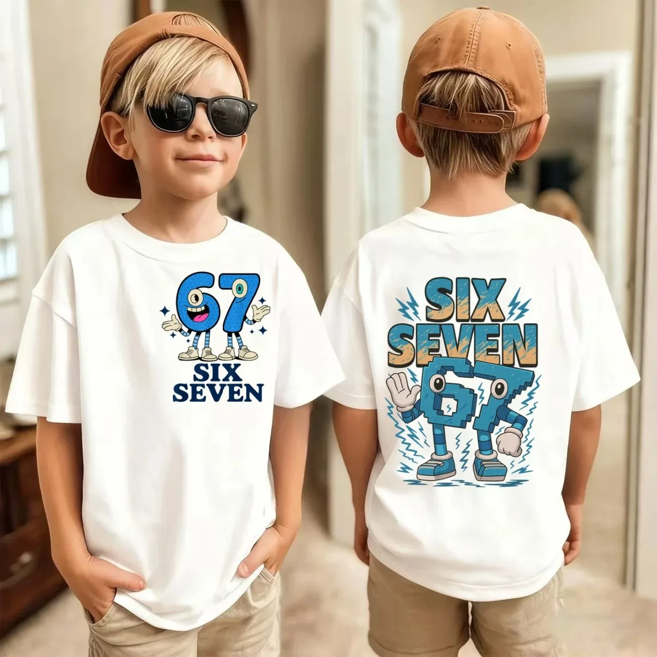Camisetas Y2K para Crianças Six Seven Kids, Unissex, Camiseta de Gola Redonda com Estampa Engraçada 67 Brainrot para Meninos e Meninas