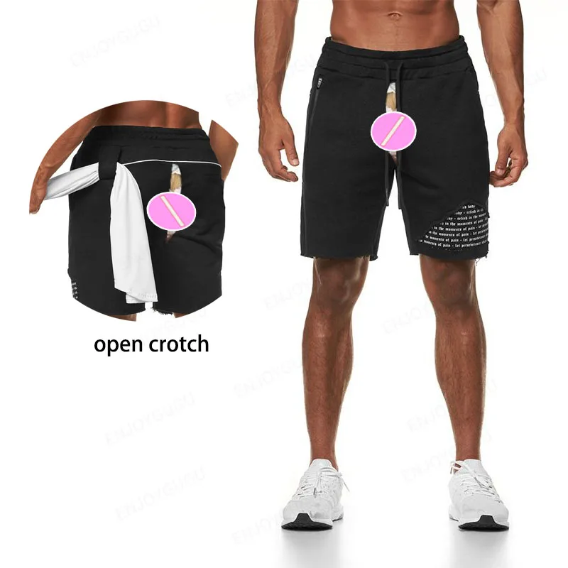 2-in-1 Invisible Open Crotch Holes Gym Yoga Outdoor Sports Pants Outdoor Sex Mens Running Short Workout Running Shorts for Men