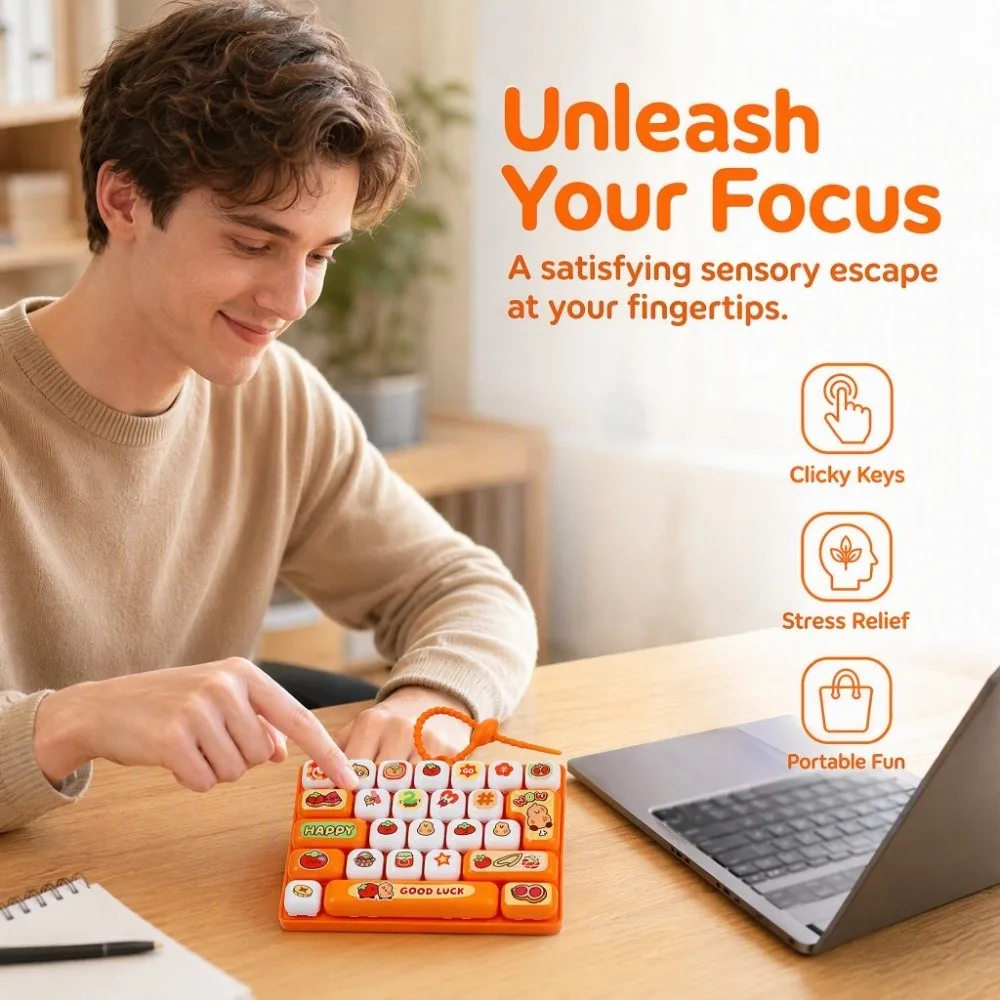 Drückbare Tasten, 26 Tasten, Tastatur-Schlüsselanhänger, zur Stressbewältigung, klare Tastenklänge, mechanische Tastatur, Cartoon-Frucht-Design, Plastik-Fidget – Detail 11