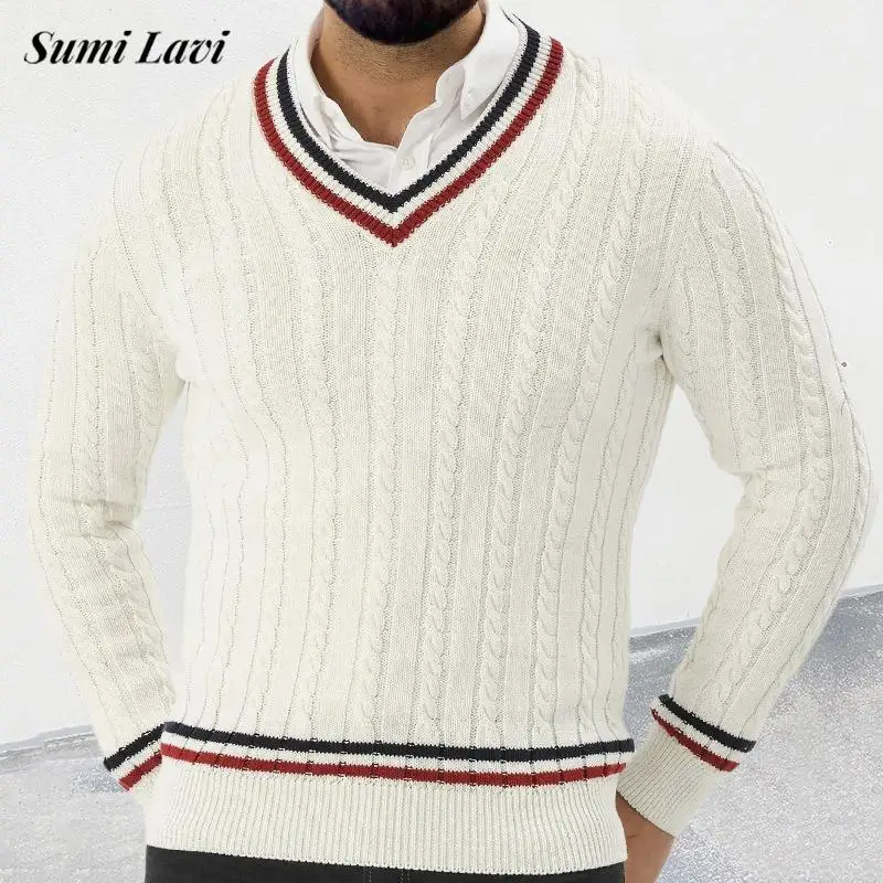 

2024 Autumn Fashionable Sweater Mens Long Sleeve V Neck Striped Knit Jumpers Men Casual Slim Knitting Pullover Tops Streetwear
