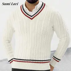 2024 Autumn Fashionable Sweater Mens Long Sleeve V Neck Striped Knit Jumpers Men Casual Slim Knitting Pullover Tops Streetwear
