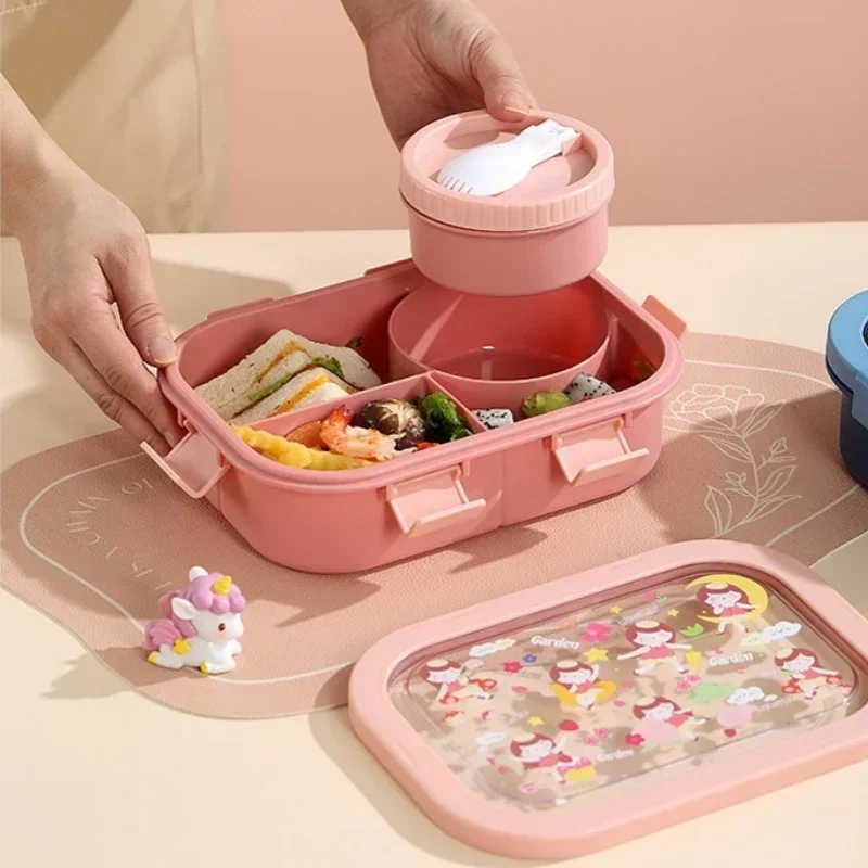 Child Cartoon Lunch Box Portable Compartment Picnic Meal Box with Leak Proof Soup Bowl Microwaveable Heating Seal Bento Box