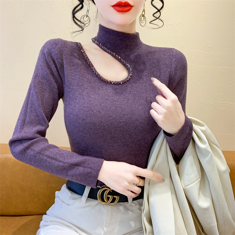 

2025, новинка, европейская, одежда, вязаный, свитер, женский, шикарный, сексуальный, с воротником-стойкой, блестящий, с бисером, с длинным рукавом, однотонный, тонкий, топы, 412149