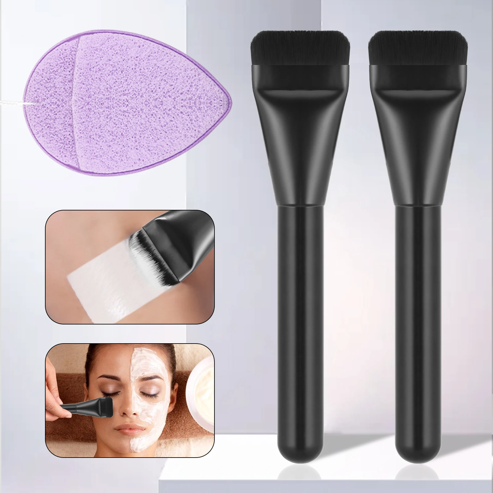 Professionelles 2-teiliges Flachkopf-Maskenpinsel-Set mit Make-up-Puderquaste, Einzelkopf-Flachmasken-Applikator-Pinsel, Beauty-Tool-Kit