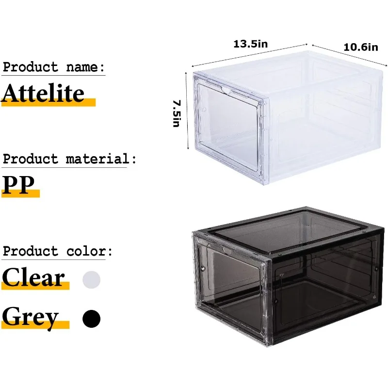 Drop Front Plastic Shoe Box with Clear Door,Set of 6,Stackable,For Display Sneakers,Easy Assembly,Fit up to US Size 12