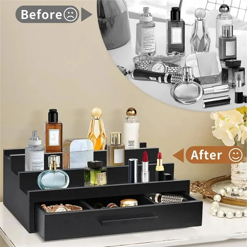 ABRE-Perfume Organizer Tray Fragrance Rack Three-Layer Perfume Holder Fragrance Display Black Perfume Organizer With Drawers