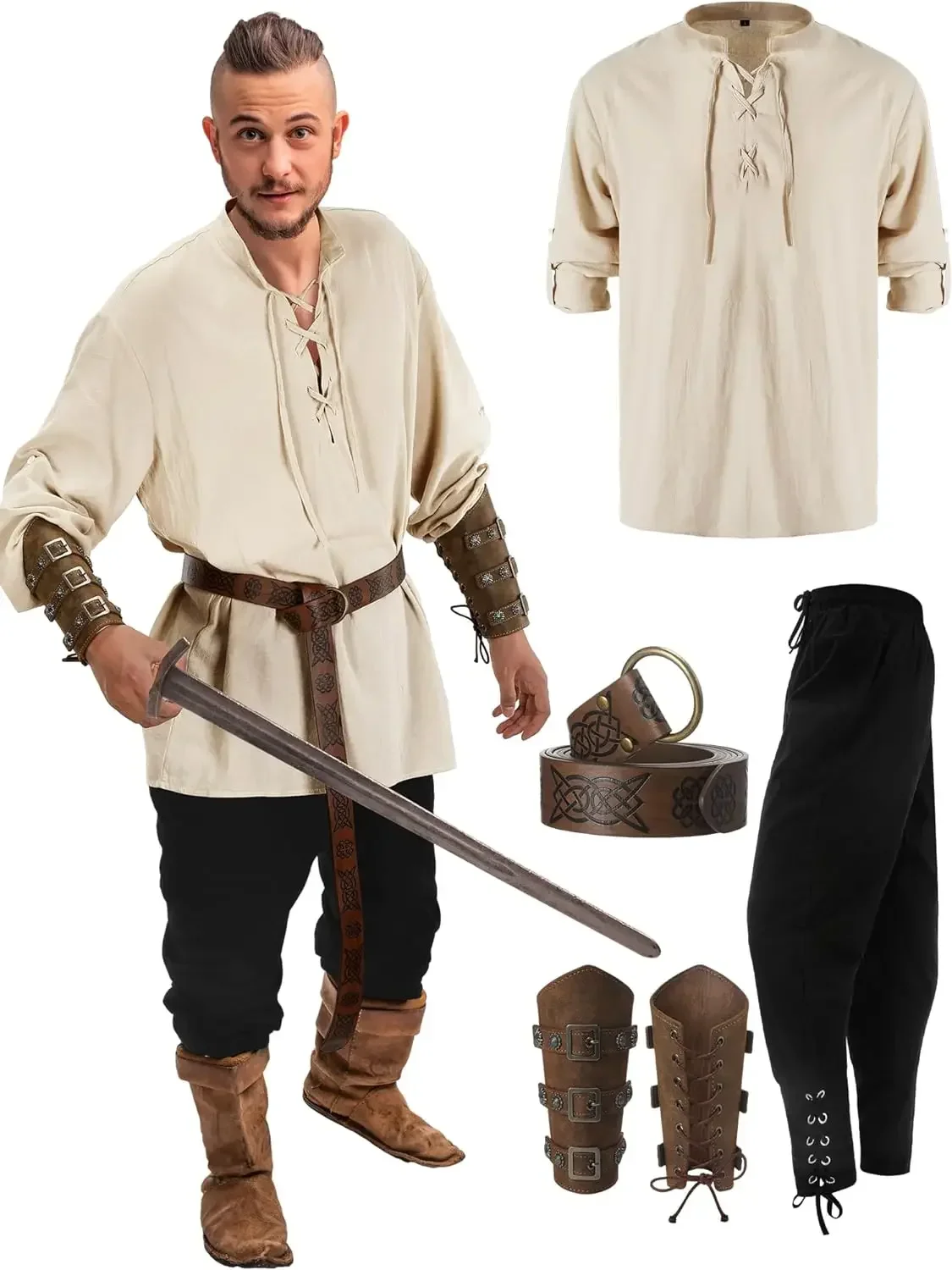 

4 Pcs Halloween Men's Renaissance Costume Set Medieval Pirate Shirt Ankle Banded Pants Viking Belt Accessories