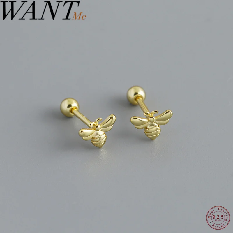 WANTME 925 Sterling Silver Fashion Statement Bee Screw Bead Piercing Stud Earrings for Women Ear Bone Insect Christmas Jewelry