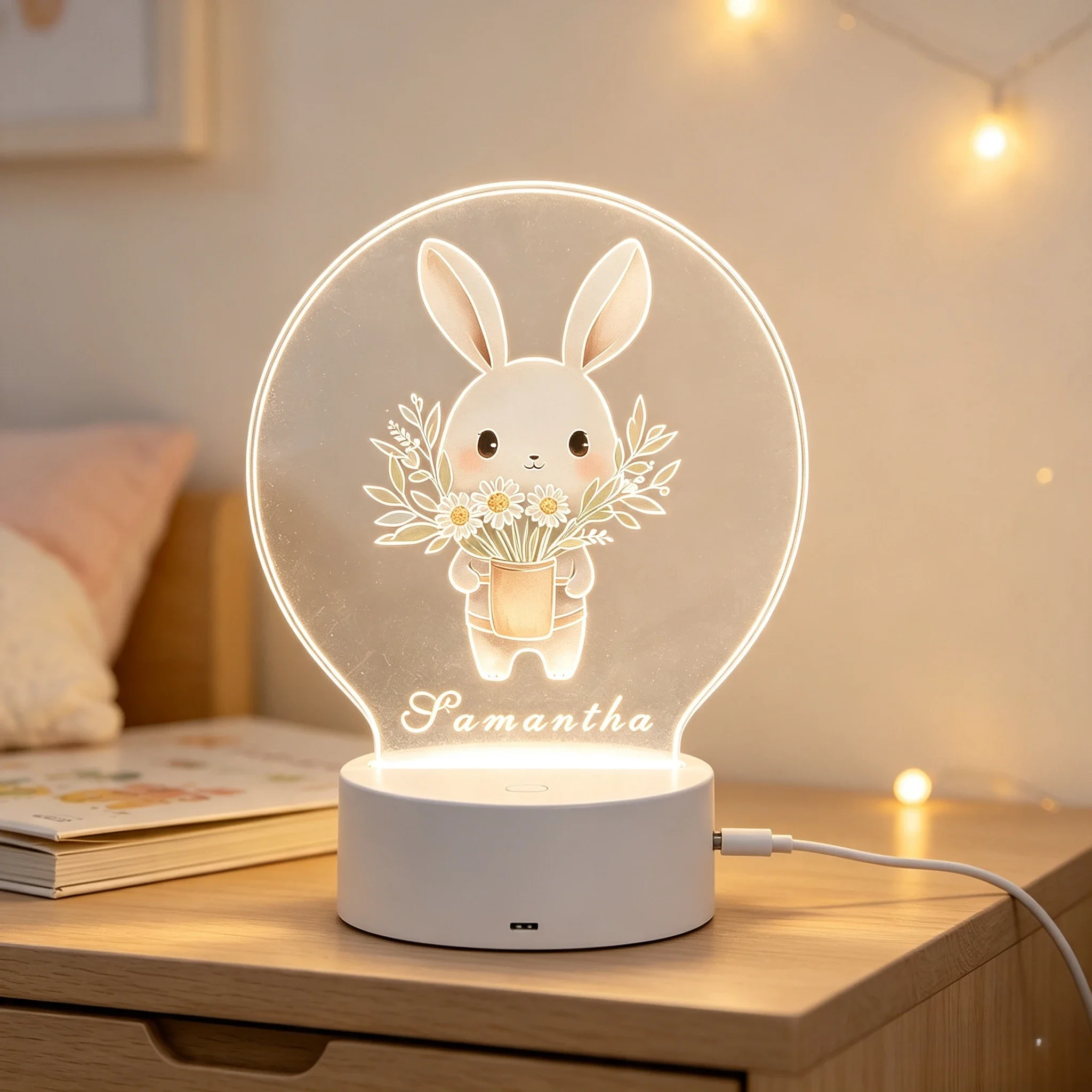 Personalized Name Watercolor Bunny With Daisy Bouquet Acrylic LED Night Light,Cartoon White Bunny With Flower Bouquet LED Ambient Desk Light