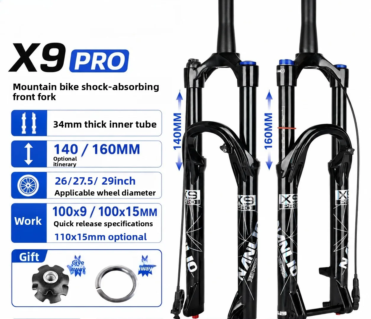 NANLIO Nanbird Mountain Bike Bicycle Front Fork 160 Stroke Air Pressure Shock Absorber 26/27.5/29 Inch X9 PRO