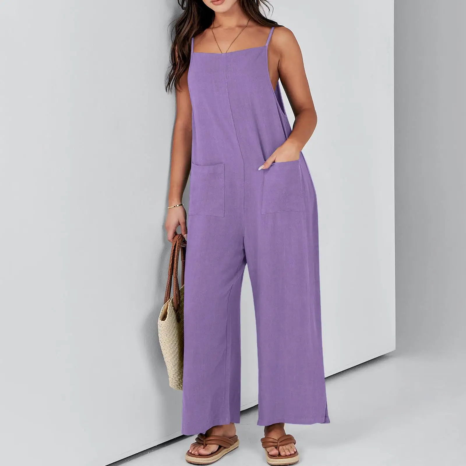 

Women's Cotton Linen ket Susp Jumpsuit Low Waist Long Pants Polyester Fiber Spring Season Faion Ladies Suit