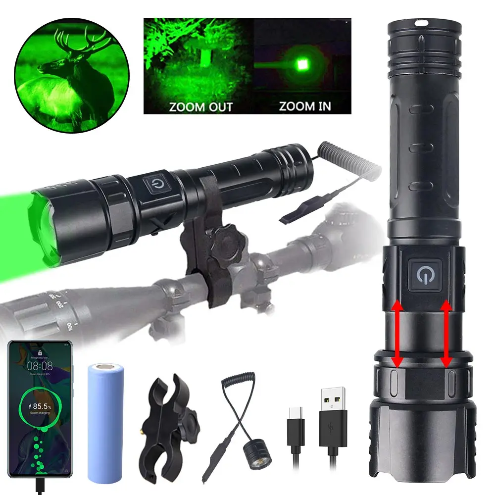 Green Flashlight Hunting Professional LED Zoomable Torch Tactical Rechargeable Lantern Night Scout Light+Press Switch+Gun Clip