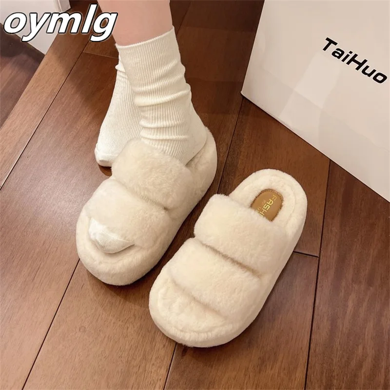 Thick soled height increasing hairy slippers for women, with a niche high-end feel and plush casual versatile cotton slippers