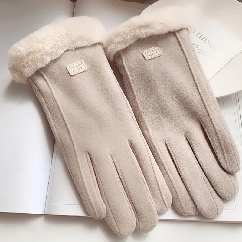 Women Touch Screen Warm Gloves Black/Grey/Pink/Beige Autumn Winter Furry Full Finger Mittens Outdoors Coldproof Driving Gloves