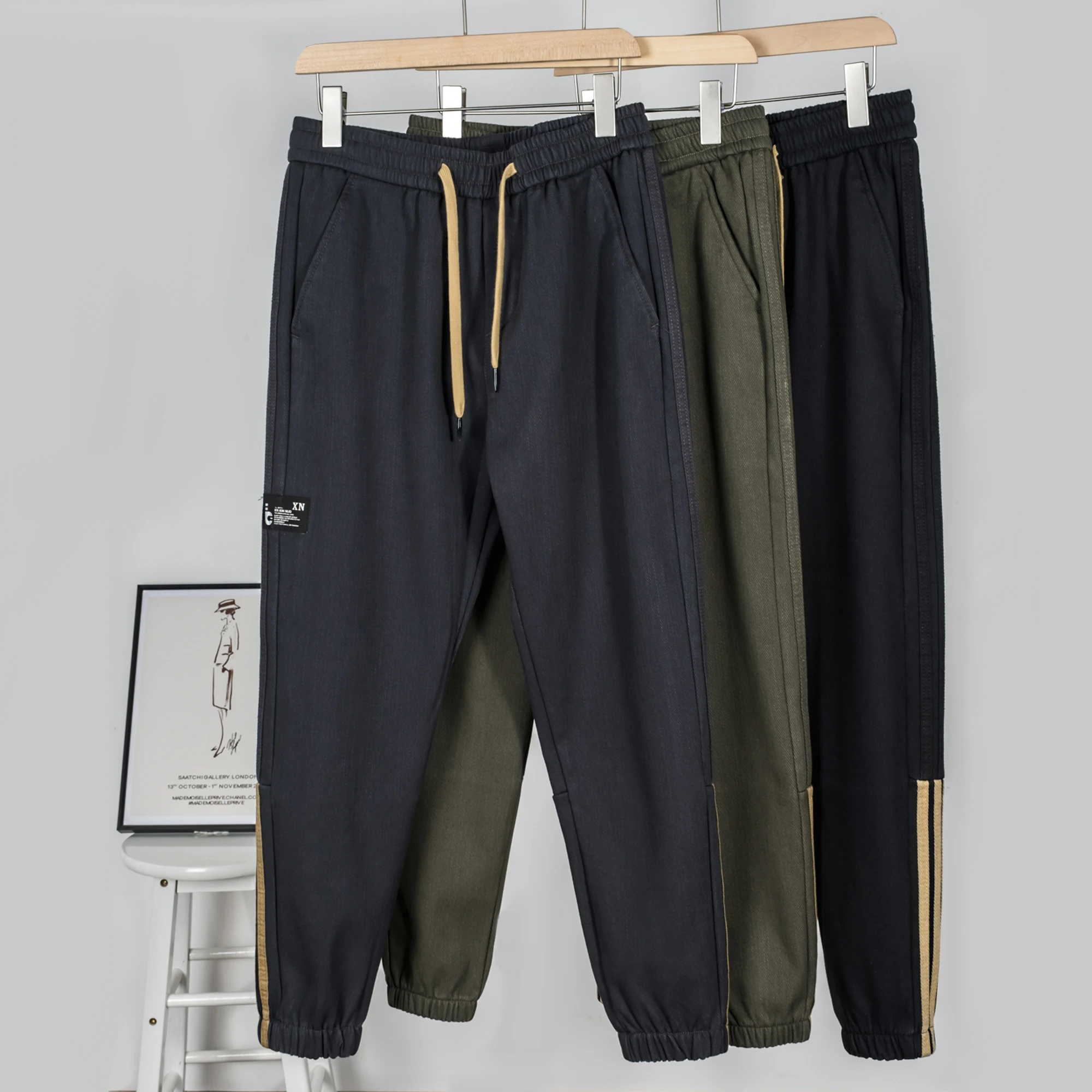 

Trendy Thiened Denim Workwear Pants Men's Spor Trousers with Elastic Cuffs Autumn Winter High Waist Faion Ci Sle