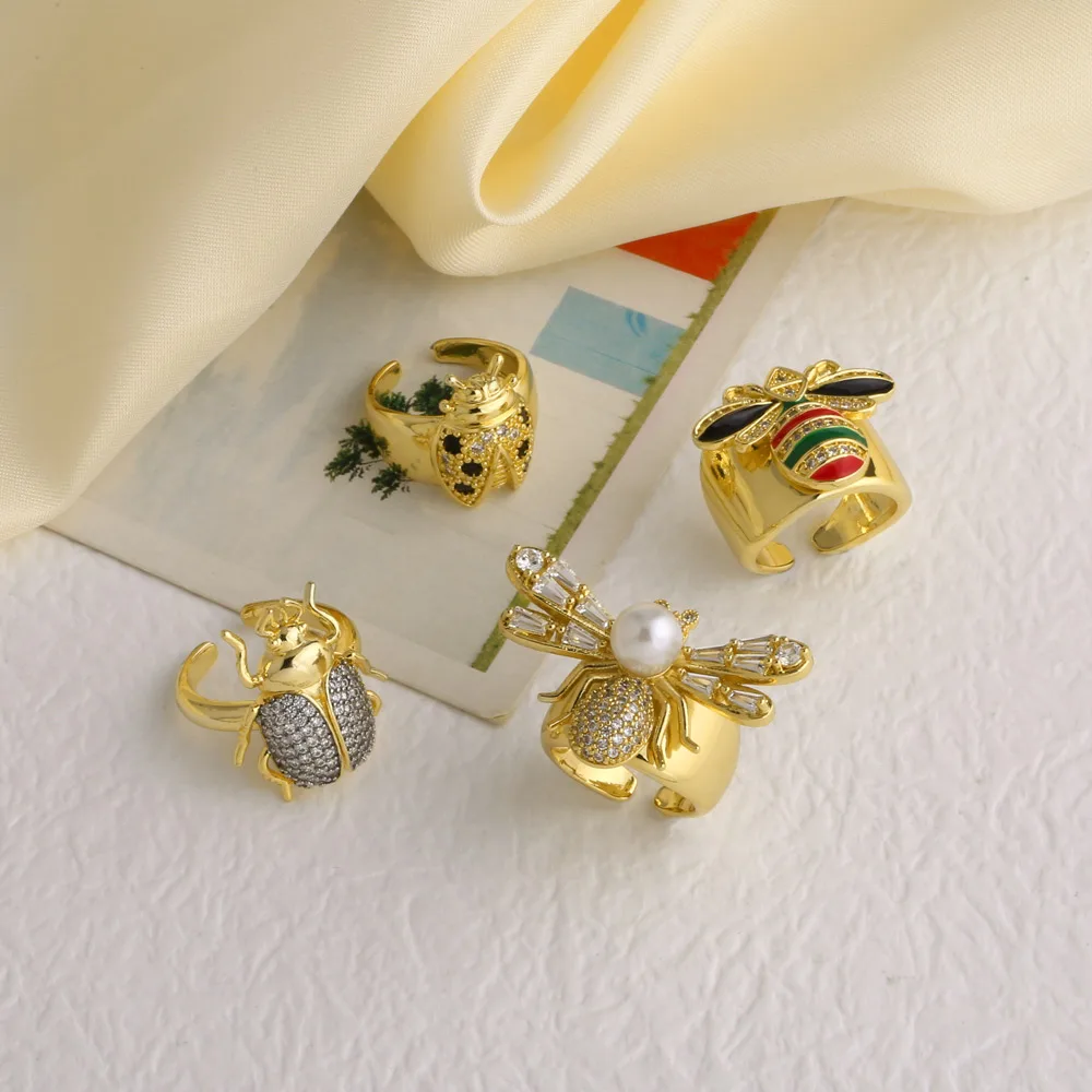 OCESRIO Simple White Crystal Beetle Statement Women Rings Copper Gold Plated Bee Insect Open Wide Ring Fashion Jewelry rigr15