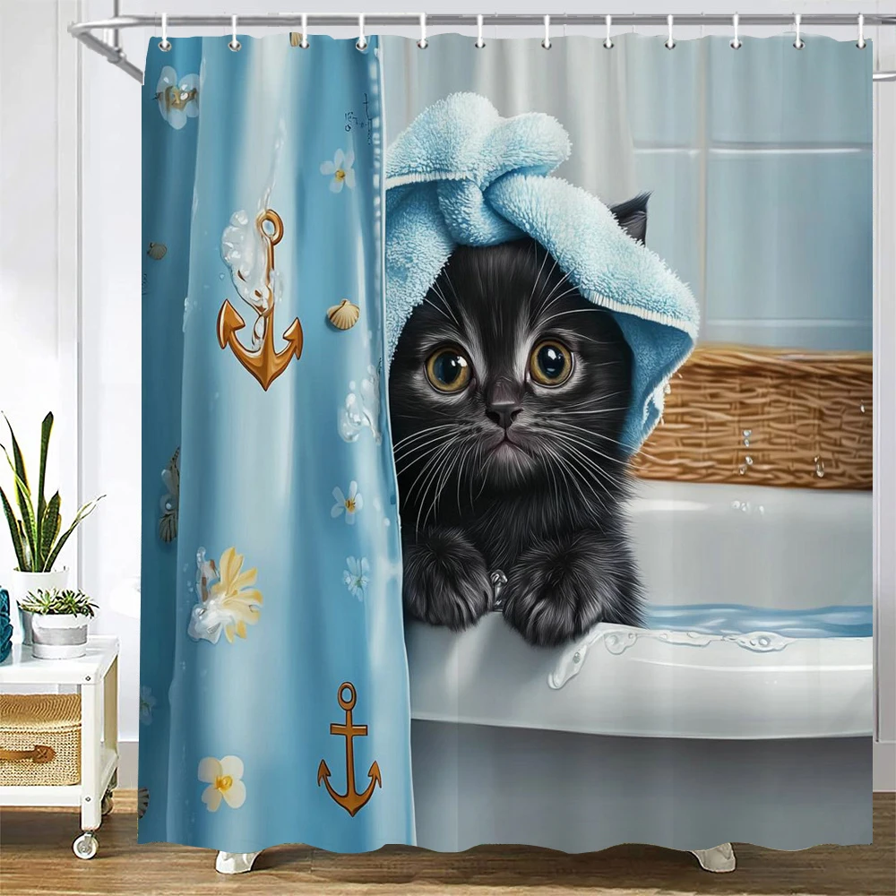 

Funny Bathing cat in the bathtub Shower Curtain, Bathroom Decorative Shower Curtain, Waterproof Shower Curtain with Hooks