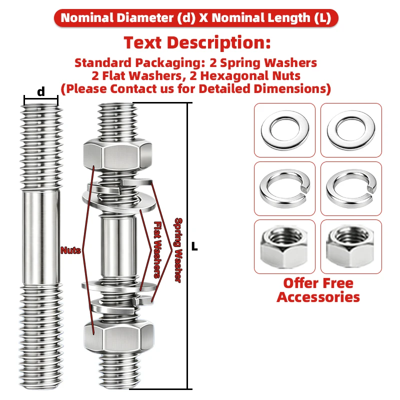 304 Stainless Steel Double End Stud Bolt Set M6 M8 M10 M12 M14 M16 With Nuts Flat Spring Washers Hardware Kit GB901