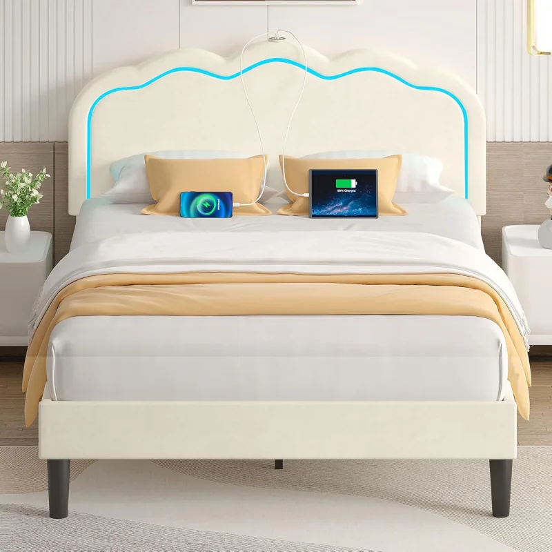 VEO Upholstered Full Frame with Adjustable Headboard, LED Lights,USB-A & Type-C,Velvet Platform Bed Noise Free,Mattres