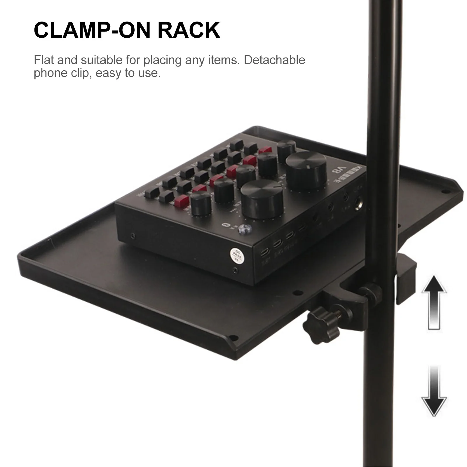 

Sound Card Tray For Mic Stand Dual Phone Holder Clamp-On Broadcast Shelf Adjustable Abs Thickened Plastic Clip