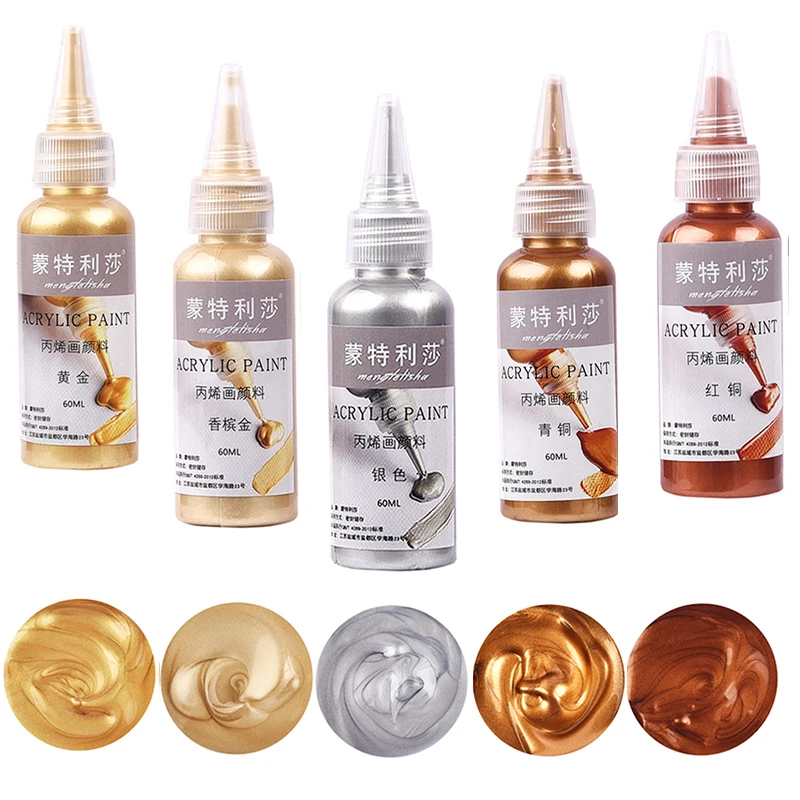 Metal Acrylic Paint Resin Pigment 60ml Gold Silver Copper Gypsum Doll Hook Line Paste Jewelry Making Handmade DIY Coloring