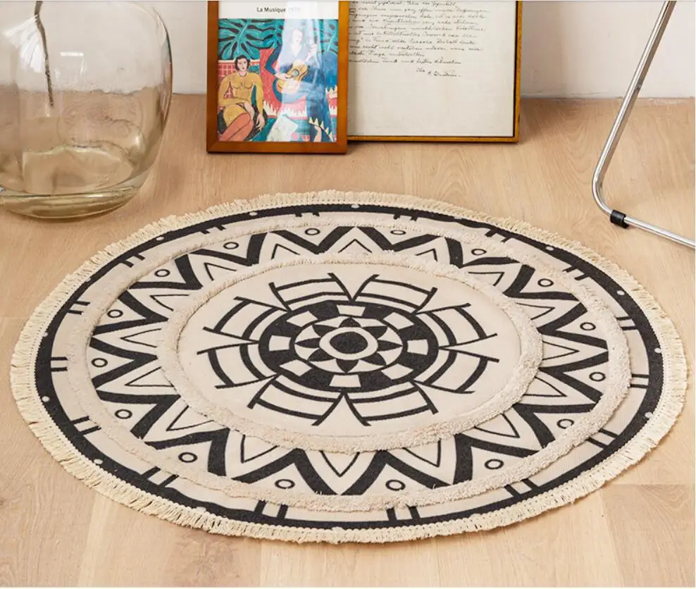 

Nordic cotton and linen retro round carpet bedroom living room round floor mat sofa coffee table mat machine washable