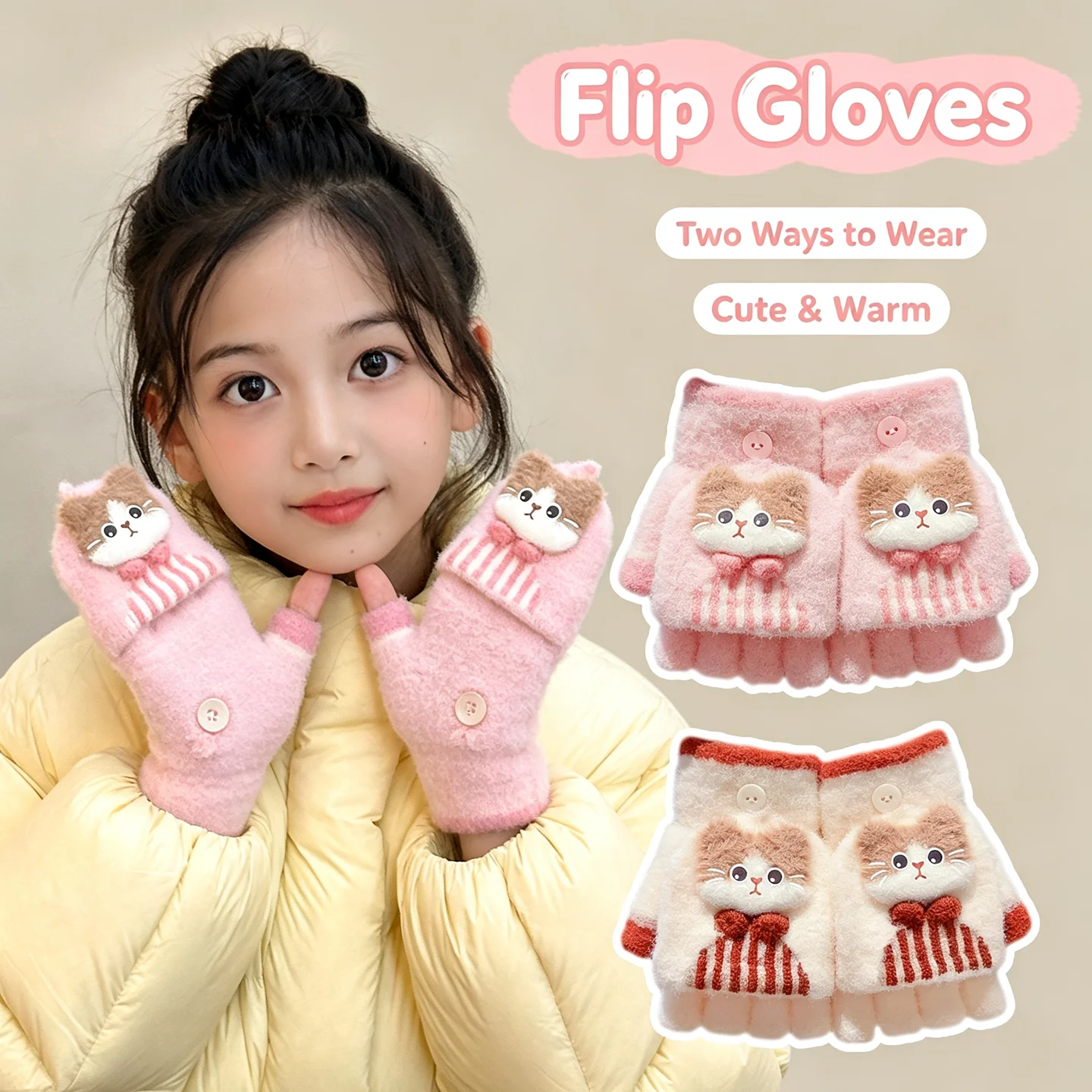 Koreanische niedliche Kinder-Plüsch-Handschuhe mit Cartoon-Katzenmuster und Schleife, 6-12 Jahre, warme Winter-Wickelhandschuhe mit halben Fingern zum Schreiben – Detail 1