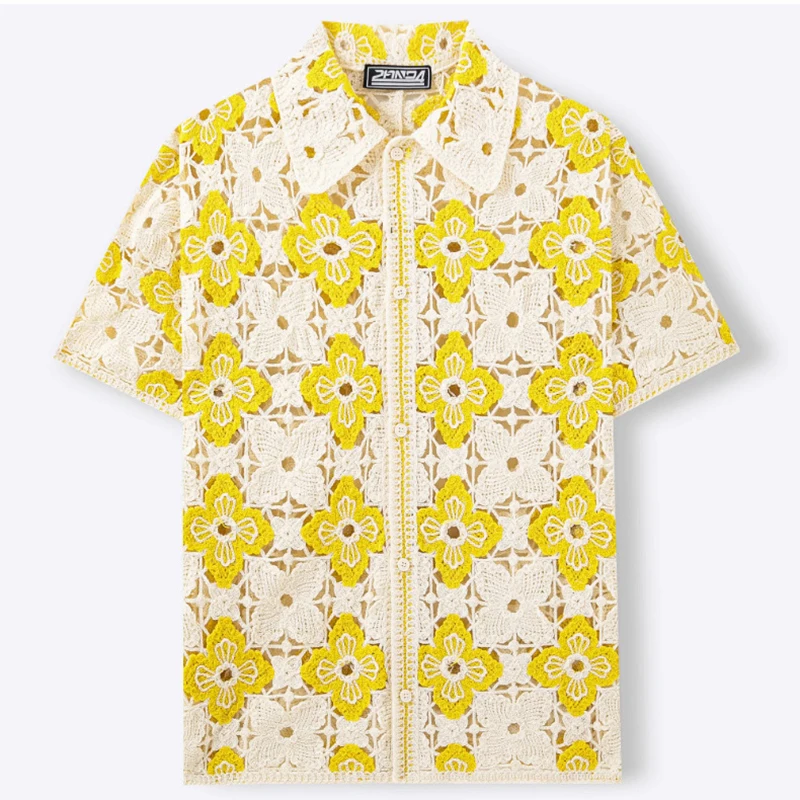 Fashionable Loose Fit Crochet Short Sleeve Shirts Mens Vintage Holllow Out Knit Cardigan 2026 Summer Knittiing Shirt Tops