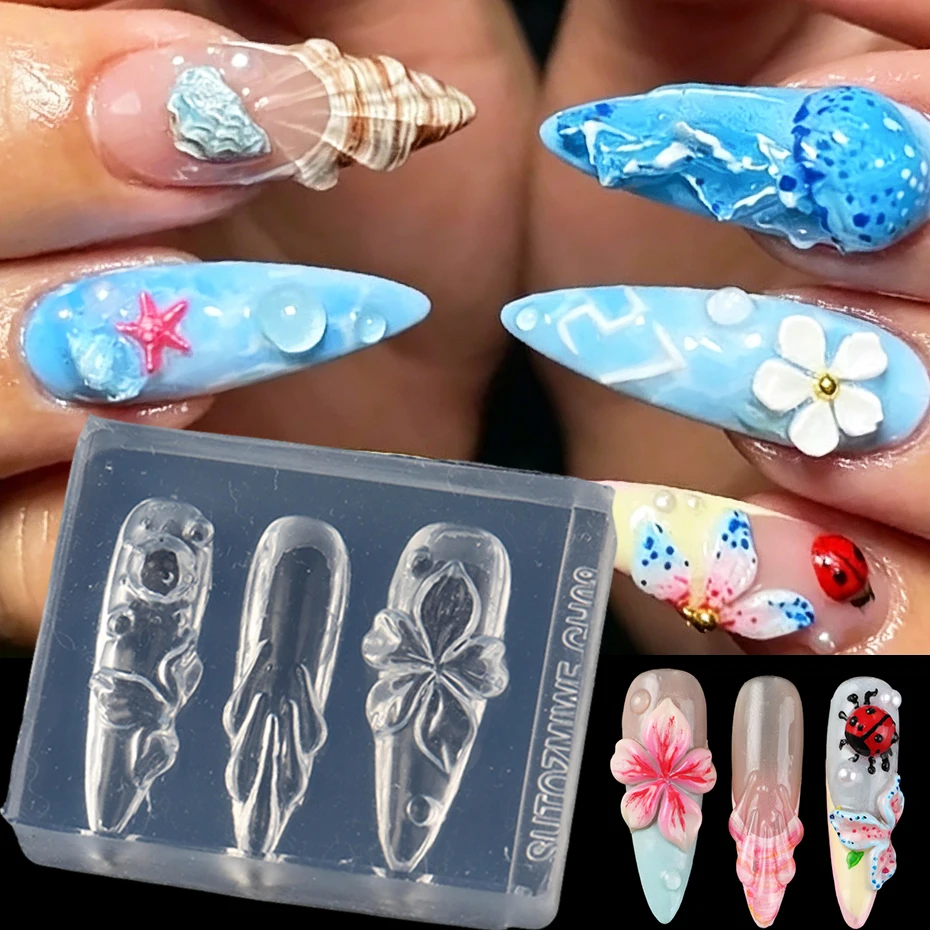 3D Hibiskusblüten-Marienkäfer-Wellen-Nagel-Silikonform, blühende Lilien-Blütenblatt-Wassertropfen-Frühlings-Sommer-Schnitzform, Nagelwerkzeuge