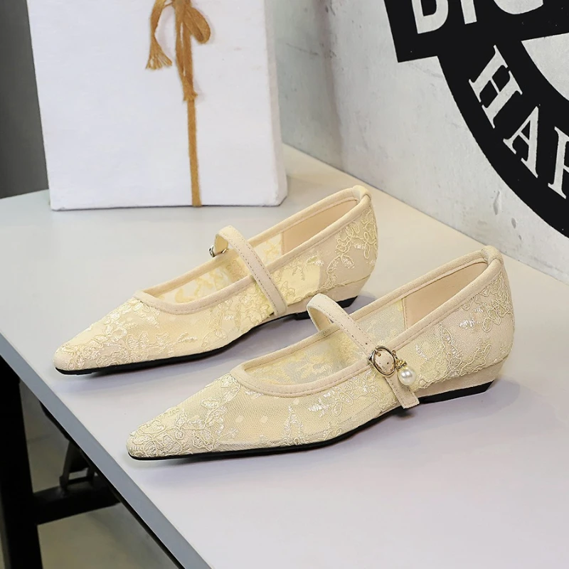 Womens Pumps And Heels Elegant Womens Shoes For Woman Pearl Decorated Pointed Toe Low Heel Lace Mesh Buckle Sandals
