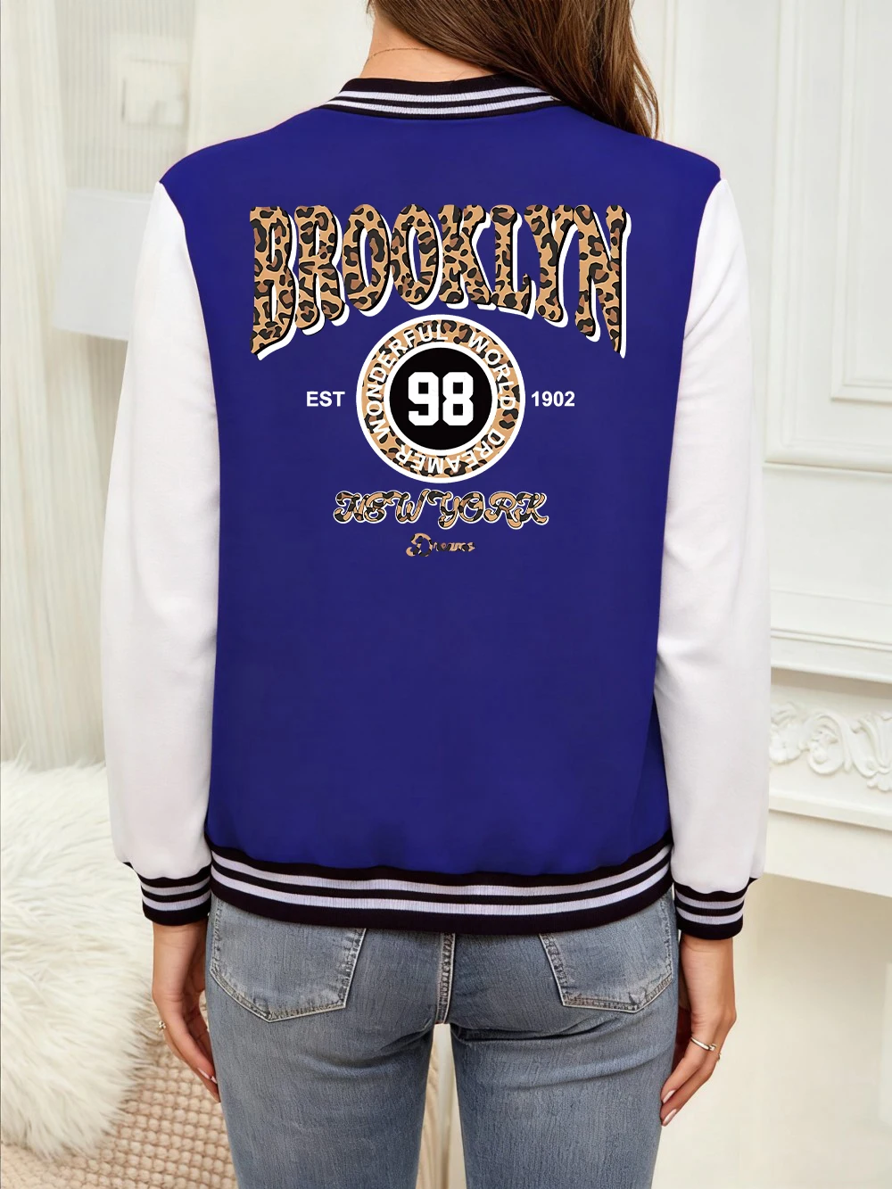 

Brooklyn New York бейсбольное пальто с леопардовым принтом, женские удобные свободные куртки, повседневные мягкие топы, зимняя флисовая теплая одежда