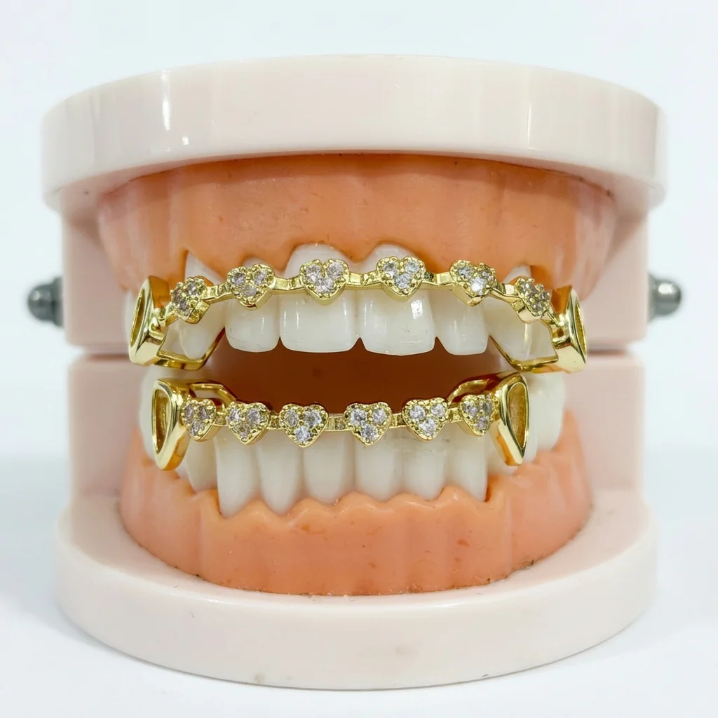 Hip-Hop Fashion Heart-Shaped Diamond Zirconia Dental Braces For Daily Trendy Outfits And Rap Accessories