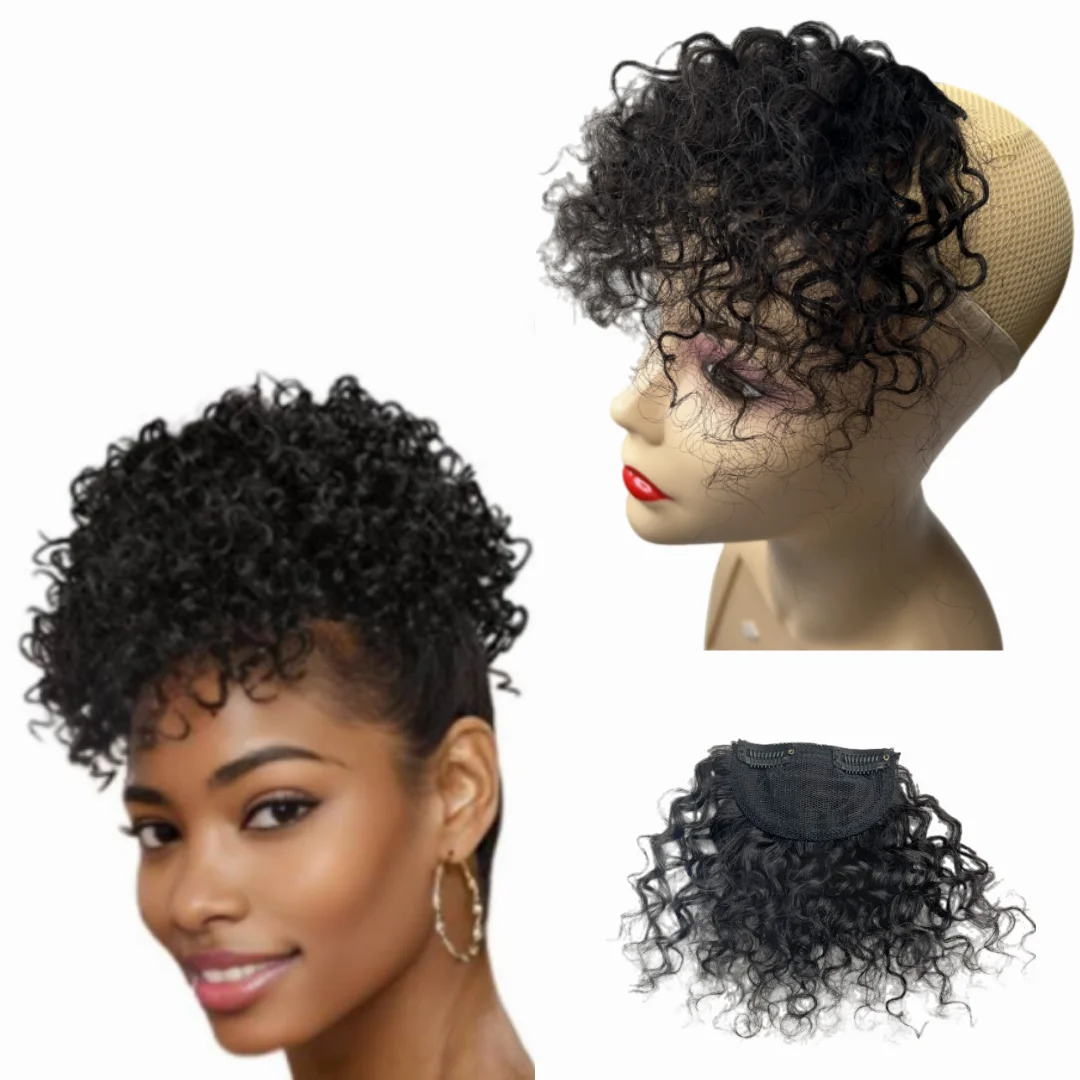 Fluffy Afro Curly Hair Bangs Real Human Hair Bangs Short Kinky Curly Hairpieces for Black Women Clip in on Hair Extensions