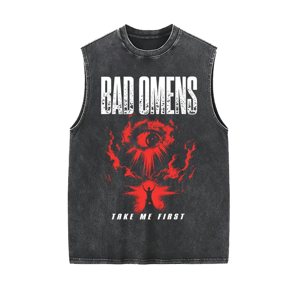 Bad Omens Vintage Washed Sleeveless Vest T Shirts Men's Retro Metal Rock Oversized Tank Tops Men Women Gothic Punk Streetwear