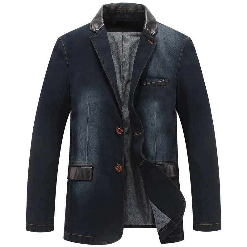 

New Autumn Casual Denim Jacket Men Winter Blazer Suits Mens Business Jackets Suits Leather Patchwork Men Jeans Coat M~4XL MY190