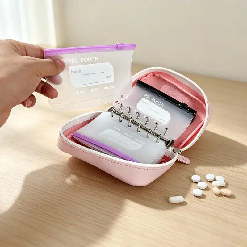 Travel Pill Organizer Binder With7/ 14 Coded Zipper Pouches Waterproof Exterior 3-Ring Writable Labels Crush-Resistant Shell