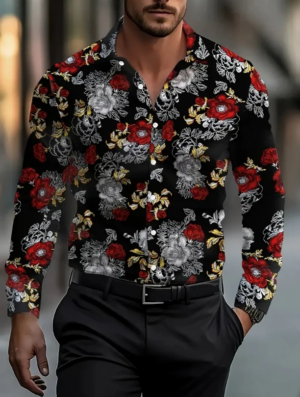Men's Retro  3D Printed Long Sleeve Shirts Tops Vintage Hawaii Beach Shirt And Blouse Male Streetwea