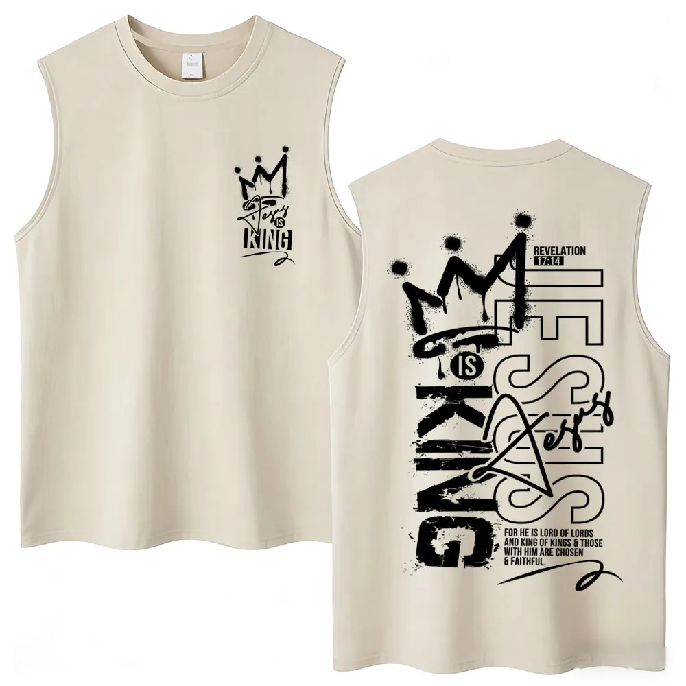 Washed Christian Religious Jesus Is King Tank Tops Faith Bible Verse Vintage Classic Vests Oversized Cotton Sleeveless T-Shirts