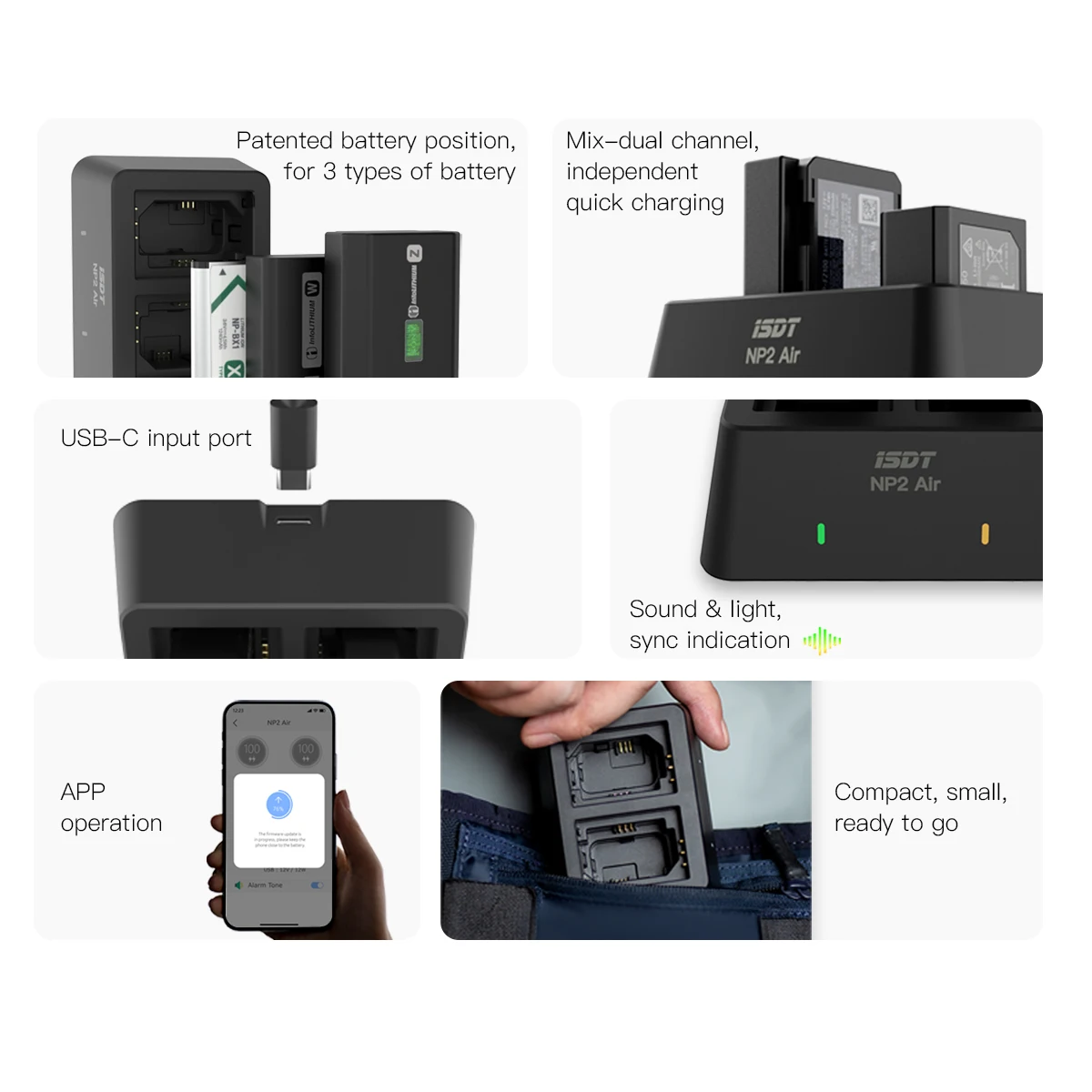 ISDT NP2 Air NP-FZ100 NP-FW50 NP-BX1 Sony Battery Charger Max 25W, Type-C Input Dual Channel 90 Mins Full Charge