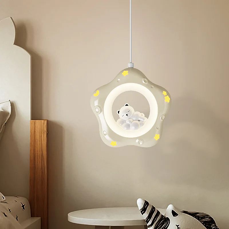 Cartoon Round Star Pendant Lamps For Children's Room Bedroom Bedside Lighting Resin White Bear Rabbit Hanging Light LED Indoor