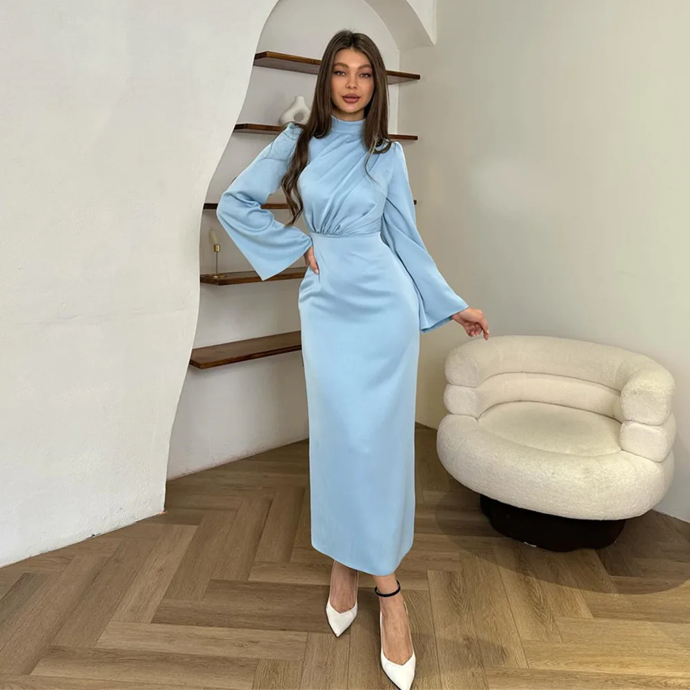 

Elegant Prom Gown Ankle-Length Long Sleeve Solid Color High Straight Sexy Evening Dresses Pleat فساتين السهرة 2023 جديده