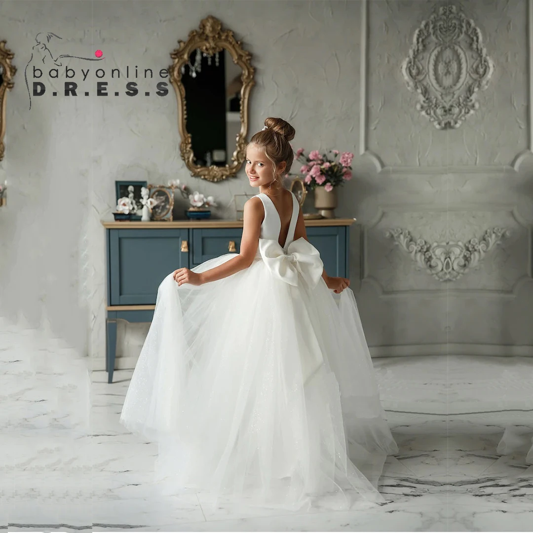 Платье для девочки с бантом и цветами, из тюля