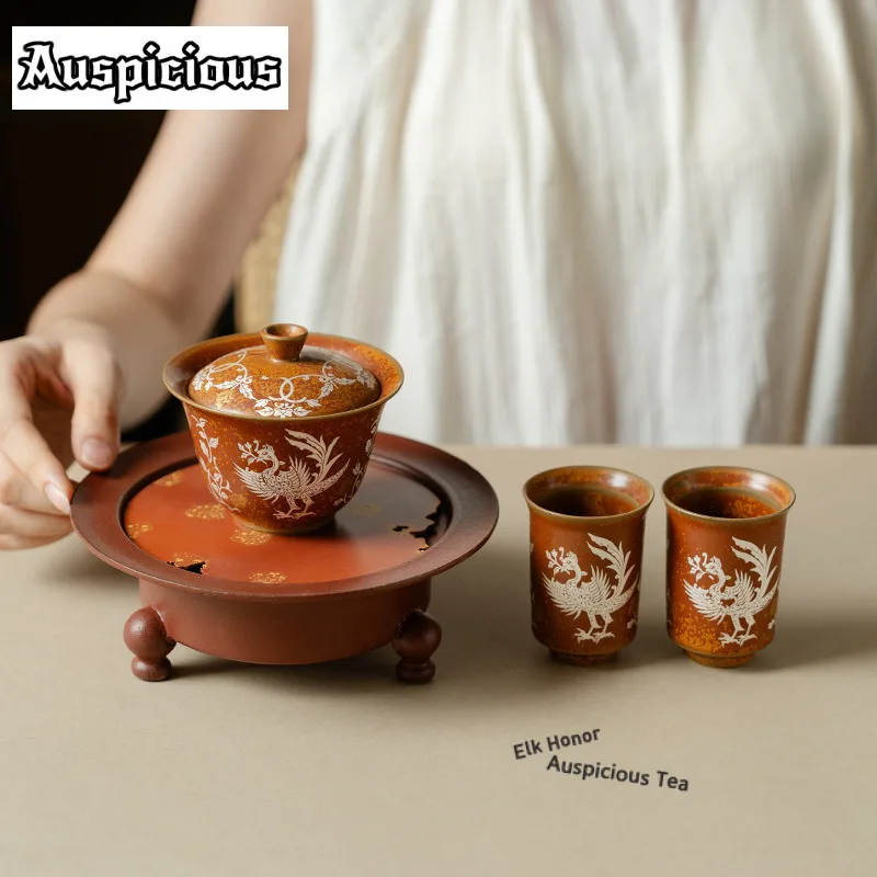 Dunhuang Songbird Tea Set Complete Set Retro Tea Ceremony Set Tea Soaking Teapot and Tea Cup Set for Tea Accessories Ornaments