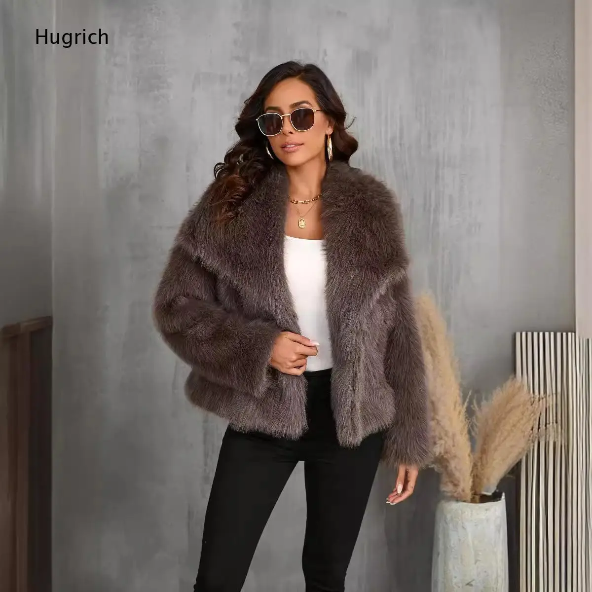 Ladies Light Khaki Faux Fur Short Jacket Wide Turnover Collar Long Sleeve Loose Fit Fluffy Plush Furry Cold Weather Outer Coat